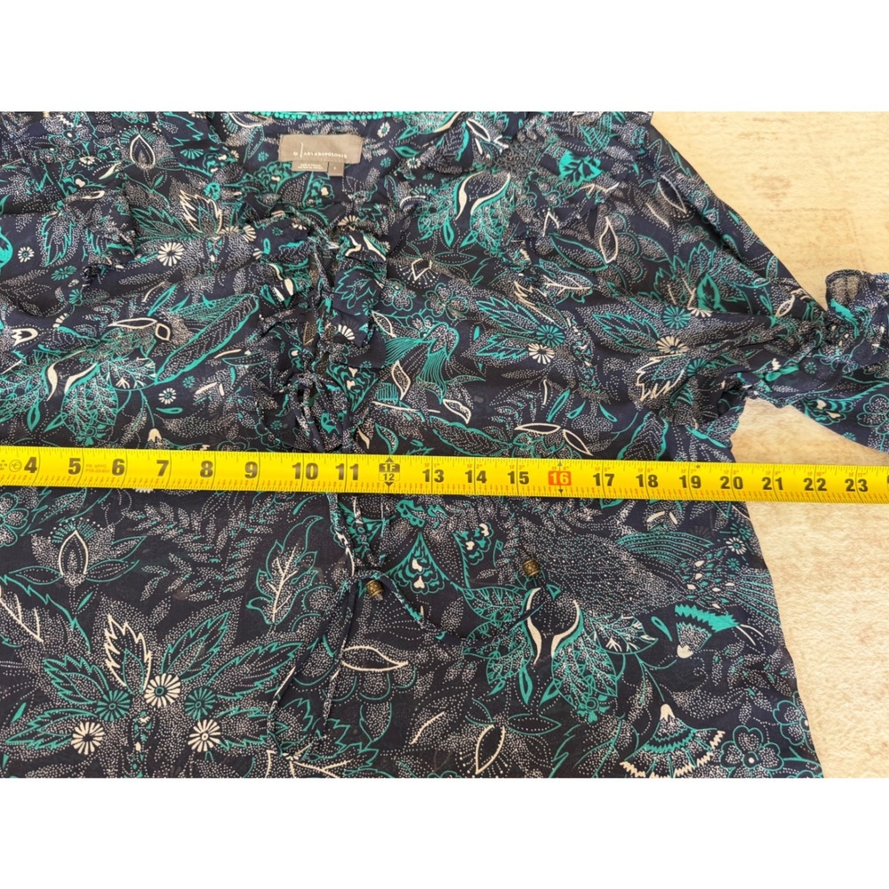 Anthropologie Navy Teal Floral Paisley Lace Up Ruffle Peasant Blouse Small - Picture 8 of 9